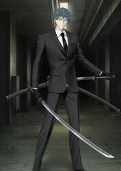 15-nin_no_richiteki_na_megane-tachi 1boy aqua_hair arm_at_side bags_under_eyes black_gloves black_jacket black_necktie black_pants black_suit brown_eyes buttons closed_mouth collared_shirt dress_pants dress_shirt dual_wielding fate/grand_order fate_(series) feet_out_of_frame formal_clothes game_cg glasses gloves holding holding_sword holding_weapon ikezawa_shin jacket katana legs_apart long_sleeves looking_at_viewer male_focus necktie official_art pants saitou_hajime_(fate) sheath shirt short_hair smile solo standing suit suit_jacket sword third-party_source unsheathed unsheathing variant_set weapon white_shirt wing_collar