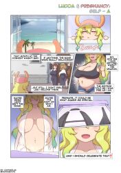 aqua_hair artist_name beach belly black_shirt blonde_hair blush breasts cleavage coffeeslice collarbone comic dragon_girl gradient_hair hat highres horns huge_breasts kobayashi-san_chi_no_maidragon long_hair lucoa_(maidragon) multicolored_hair nun ocean open_clothes open_mouth palm_tree plump pregnant shirt sidelocks smile tree twitter_username very_long_hair
