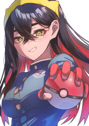 1girl absurdres amateru black_hair blue_jacket breasts buttons carmine_(pokemon) commentary_request crossed_bangs gloves grin hair_between_eyes hairband highres holding holding_poke_ball jacket looking_down mole mole_under_eye multicolored_hair nintendo partially_fingerless_gloves poke_ball poke_ball_(basic) pokemon pokemon_sv red_gloves red_hair smile solo teeth two-tone_hair upper_body yellow_eyes yellow_hairband