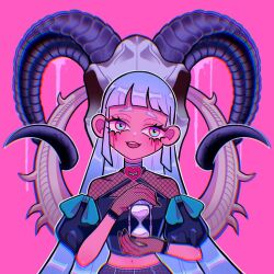 Rule 34 | 1girl, animal skull, black nails, blood, bloody tears, blue eyes, blue hair, blurry, chromatic aberration, colored skin, commentary, curled horns, english commentary, fishnet gloves, fishnet top, fishnets, gloves, highres, horns, hourglass, long hair, midriff, mimpish, multicolored eyes, navel, open mouth, original, pink background, pink skin, puffy sleeves, purple eyes, ram skull, skull, smile, solo, very long hair
