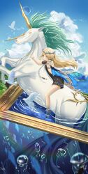 1girl absurdres ayloss barefoot bird black_dress blonde_hair blue_eyes blue_sky braid breasts cartethyia_(wuthering_waves) closed_mouth commentary crown_of_thorns day dress earrings english_commentary from_side highres imperator_(wuthering_waves) jewelry long_hair outdoors picture_frame pointy_ears riding sidelocks sky small_breasts smile solo tacet_mark_(wuthering_waves) unicorn white_bird wind wuthering_waves