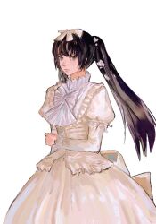 1girl ashashio black_hair dress hair_ribbon highres long_hair looking_at_viewer nitroplus ootori_hanae ribbon simple_background soukou_akki_muramasa twintails white_background white_dress
