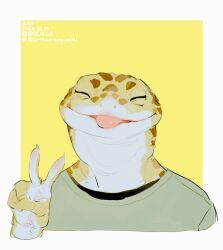 1boy closed_eyes colored_skin commentary furry furry_male gecko green_shirt leopard_gecko male_focus original sd_planb shirt simple_background solo symbol-only_commentary tongue tongue_out upper_body v yellow_background yellow_skin