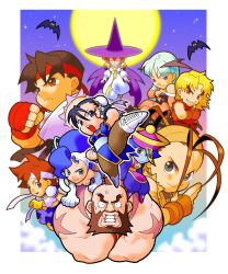 Rule 34 | 3boys, 6+girls, absurdres, animal ears, animal hands, animal print, bat (animal), bat print, bat wings, black hair, blonde hair, blue eyes, blue hair, blue sailor collar, blue skin, boots, border, breasts, brown eyes, brown hair, bun cover, capcom, cape, cat ears, cat girl, cat tail, chibi, china dress, chinese clothes, chun-li, cleavage, colored skin, company connection, crossover, darkstalkers, demon girl, double bun, dress, everyone, felicia (darkstalkers), fingerless gloves, game cg, gloves, green hair, hair bun, hat, head wings, headband, highres, hsien-ko, ibuki (street fighter), kasugano sakura, ken masters, kicking, long hair, maeda shima, medium breasts, moon, morrigan aensland, multiple boys, multiple girls, muscular, night, ninja, non-web source, official art, pantyhose, pelvic curtain, pocket fighter, print pantyhose, red eyes, red hair, ryu (street fighter), sailor collar, school uniform, serafuku, short hair, skirt, star (symbol), street fighter, street fighter ii (series), street fighter iii (series), street fighter zero (series), tabasa, tail, thighhighs, warzard, white boots, white border, wings, witch, zangief
