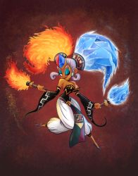 1girl baggy_pants breasts dark_skin dark-skinned_female detached_sleeves eyeshadow female_focus fiery_hair forehead_jewel highres ice jewelry lipstick long_hair makeup nintendo one_eye_closed pants solo the_legend_of_zelda the_legend_of_zelda:_ocarina_of_time twinrova twintails wand white_hair