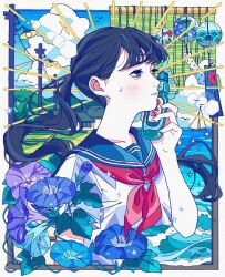 1girl black_eyes black_hair blue_flower blue_sailor_collar blue_sky blush border bottle cloud day eyelashes field fingernails flower highres holding holding_bottle house long_hair looking_afar morning_glory mtirn3373 neckerchief ocean original outdoors plant ponytail power_lines purple_flower ramune red_neckerchief sailor_collar school_uniform short_sleeves sky solo summer sweatdrop upper_body utility_pole vines white_border wind_chime
