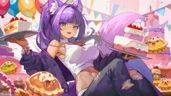 1girl absurdres animal_ear_fluff animal_ears artist_name balloon black_cardigan black_pants blue_eyes breasts bunting cake cardigan cha_cha_(vtuber) cropped_shirt cupcake cutiepie_(cha_cha) drooling earrings food highres holding holding_knife indie_virtual_youtuber jewelry knife long_hair long_sleeves midriff mole mole_under_mouth mouth_drool navel_piercing necklace necklesslee open_cardigan open_clothes open_mouth pants piercing purple_hair shirt sleeveless sleeveless_shirt smile sparkling_eyes tail tan torn_clothes torn_pants virtual_youtuber white_shirt