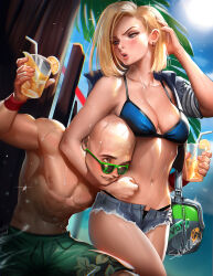1boy 1girl abs android_18 bald bald_male biceps black_eyes blonde_hair blue_eyes blush breasts cleavage couple dragon_ball happy head_on_chest hug husband_and_wife juice kuririn muscular muscular_male navel nipples pectorals smile sun sunglasses sunlight sweat swimsuit thick_thighs thighs