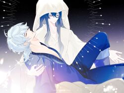 Rule 34 | 2boys, adam&#039;s apple, ahoge, androgynous, bishounen, black background, blue boots, blue hair, blue jacket, blue pants, boots, buttons, chinese commentary, closed eyes, closed mouth, collarbone, commentary request, cosplay, foot out of frame, gradient background, grey background, grimrose (plants vs. zombies), highres, jacket, jesus, jesus (cosplay), knee boots, knee up, light frown, light particles, long hair, long sleeves, low ponytail, male focus, medium hair, multiple boys, nightshade (plants vs. zombies), pants, parted lips, personification, plants vs. zombies, plants vs. zombies 2, ponytail, profile, puffy sleeves, robe, sidelocks, siiiiiiiiiii, simple background, sitting, sitting on lap, sitting on person, sparkle, u u, white robe, wide sleeves