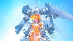 Rule 34 | 1girl, android, aqua eyes, bird, bodysuit, breasts, brown hair, cable, clenched hands, collar, commentary request, covered navel, crotch plate, flower, from below, gloves, green eyes, hat, hat flower, highres, horizon, looking afar, looking to the side, machinery, mecha, navel, original, robot, science fiction, serious, short hair, sky, small breasts, solo, standing, straw hat, takayama toshiaki, very short hair, white gloves