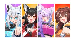 4girls :3 :d ahoge animal_ear_fluff animal_ears aqua_eyes black_hair black_neckerchief blue_hair blue_hoodie blunt_bangs braid brown_eyes brown_hair cat_ears cat_girl collared_shirt colored_inner_hair commentary contrast_collar crossed_bangs dog_ears double-parted_bangs english_commentary fang flipped_hair fox_ears fox_girl fox_shadow_puppet hair_between_eyes hair_ornament hair_over_shoulder hairclip hand_up highres hololive hololive_gamers hood hooded_jacket hoodie inugami_korone jacket kumarang long_hair looking_at_viewer low_twin_braids medium_hair multicolored_hair multiple_girls neckerchief necktie nekomata_okayu official_alternate_costume ookami_mio open_mouth orange_shirt outstretched_arm pink_jacket pink_tube_top purple_eyes purple_hair purple_jacket red_hair red_shirt sailor_collar sailor_shirt shirakami_fubuki shirt short_necktie side_braid sidelocks single_braid smile strapless streaked_hair tube_top twin_braids virtual_youtuber white_hair white_neckerchief white_necktie white_sailor_collar wolf_ears wolf_girl x_hair_ornament yellow_eyes
