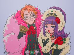 1boy 1girl :3 :d black_gloves black_jacket blunt_bangs coat commentary flower fur_coat glasses gloves hanazono_shuka hand_up holding holding_money idol_clothes idol_time_pripara in-franchise_crossover jacket juuouin_kakeru king_of_prism long_hair long_sleeves looking_at_viewer money ok_sign open_mouth orange_eyes orange_hair ponytail pretty_rhythm pretty_series pripara purple_eyes purple_hair red_flower red_rose rituyama1 rose short_hair signature smile symbol-only_commentary upper_body