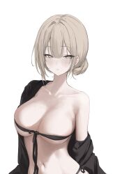 1girl absurdres bandeau bare_shoulders black_bandeau black_jacket blonde_hair blush breasts cleavage covered_erect_nipples highres jacket laneigu large_breasts long_hair looking_at_viewer mole mole_on_cheek open_clothes open_jacket original short_hair simple_background solo stomach upper_body very_long_hair white_background yellow_eyes yuzu_(laneigu)