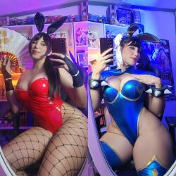 1girl adapted_costume alternate_color alternate_costume blue_leotard bracelet braid breasts capcom chilean_(nationality) chun-li chun-li_(cosplay) cleavage comparison cosplay curvy hand_fan highleg highleg_leotard highres holding holding_fan indoors jewelry large_breasts leotard long_hair looking_at_viewer missyle_fg one_eye_closed parted_lips photo_(medium) playboy_bunny real_life red_leotard revealing_clothes selfie shiny_skin shiranui_mai shiranui_mai_(cosplay) skin_tight snk spiked_bracelet spikes street_fighter street_fighter_v thick_thighs thighs wide_hips wink