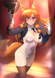 1girl animal_ear_fluff animal_ears artist_name black_hat black_jacket black_necktie blue_bow blue_eyes blush bow breasts brown_thighhighs cleavage collarbone commentary commentary_request covered_navel cowboy_shot detached_collar english_commentary eyelashes fox_ears fox_girl fox_tail gloves grin groin hair_between_eyes hair_bow hat highleg highleg_leotard highres holding holding_unworn_clothes holding_unworn_hat jacket kitsu_(vilde_loh_hocen) large_variant_set leotard long_hair long_sleeves looking_at_viewer medium_breasts mixed-language_commentary necktie open_clothes open_jacket open_mouth orange_hair original patreon_logo patreon_username playboy_bunny smile solo spotlight stage strapless strapless_leotard tail thighhighs top_hat unworn_hat unworn_headwear variant_set vilde_loh_hocen watermark web_address white_gloves white_leotard