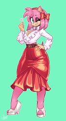 1girl absurdres aged_up amy_rose breasts cleavage curvy female_focus full_body furry furry_female green_eyes hand_on_own_hip heart high_heels highres jamoart large_breasts looking_at_viewer one_eye_closed pink_hair secretary short_hair simple_background solo sonic_(series) tail toes wide_hips wink