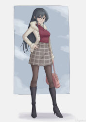 1girl absurdres alternate_costume black_hair black_pantyhose blue_eyes boots closed_mouth coat commentary english_commentary full_body gann_(pixiv_107732455) grey_skirt hair_ornament hairclip hand_on_own_hip high-waist_skirt high_heel_boots high_heels highres knee_boots long_hair looking_at_viewer open_clothes open_coat pantyhose plaid_clothes plaid_skirt red_sweater sakurajima_mai seishun_buta_yarou skirt solo standing sweater twitter_username white_coat winter_clothes winter_coat