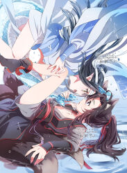 2boys aged_down ahoge animal_ears bare_legs black_boots black_hair black_hanfu boots chinese_clothes collarbone dragon_boy eastern_dragon_horns eastern_dragon_tail eye_contact fingernails floating floating_clothes floating_hair fox_boy fox_ears fox_tail grey_shorts hair_ribbon hand_on_another&#039;s_leg hanfu headband highres holding_another&#039;s_tail horns kemonomimi_mode kimako_(kimako_8) kitsune kyuubi lan_wangji leg_grab long_hair long_sleeves looking_at_another lying male_focus modao_zushi multiple_boys multiple_tails on_back open_clothes open_mouth open_robe pointy_ears ponytail profile purple_eyes reaching reaching_towards_another red_ribbon ribbon robe sash scales sharp_fingernails shorts sidelocks sleeves_past_wrists spread_legs tail tassel topknot tunic twitter_username water water_drop watermark wei_wuxian white_hanfu white_headband white_shorts xiao_guan_(headdress) yaoi yaopei yellow_eyes