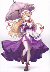 1girl ankle_boots black_boots black_panties blonde_hair boots bow breasts choker cleavage dress frilled_thighhighs frills full_body gloves hat highres holding holding_umbrella large_breasts long_hair long_sleeves looking_at_viewer minust mob_cap panties panty_peek pink_umbrella purple_dress purple_eyes red_bow red_ribbon ribbon ribbon_choker side_slit solo standing standing_on_one_leg thighhighs third-party_source touhou umbrella underwear very_long_hair white_gloves white_hat white_thighhighs yakumo_yukari