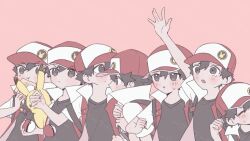 1boy :t arm_up blush commentary_request eating game_freak gen_1_pokemon hand_up hat holding holding_poke_ball jacket looking_to_the_side multiple_views nintendo open_clothes open_jacket pikachu pink_background poke_ball poke_ball_(basic) pokemon pokemon_(creature) pokemon_rgby red_(pokemon) red_hat shirt short_hair simple_background sweatdrop x_grlo4