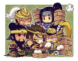 5boys armor bamboo_steamer steamed_bun beard black_facial_hair black_hair blonde_hair border brown_eyes brown_facial_hair brown_hair chibi chibi_only chinese_armor chinese_clothes closed_eyes eating facial_hair fang food full_body guan_yu hair_bun huang_zhong jitome kotorai long_beard ma_chao male_focus multiple_boys mustache open_mouth outline ponytail shin_sangoku_musou sidelocks signature sitting sweatdrop white_border white_hair white_outline zhao_yun