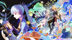 1boy 1girl absurdres aether_(genshin_impact) ahoge aranara_(genshin_impact) ayaka_(genshin_impact) black_boots blonde_hair blubberbeast_(genshin_impact) blue_dress blue_eyes blue_hair blunt_sidelocks blunt_tresses boots braid brown_boots brown_pants brown_shirt cropped_shirt dress genshin_impact gloves hat highres holding holding_hands holding_paper kamisato_ayaka kamisato_ayaka_(springbloom_missive) knee_boots long_hair long_sleeves melusine_(genshin_impact) multicolored_dress pants pantyhose paper ponytail pyramid_(structure) scarf shirt short_sleeves sidelocks single_braid vambraces white_dress white_pantyhose white_scarf yuutarou_(hotter_0105_tarou)