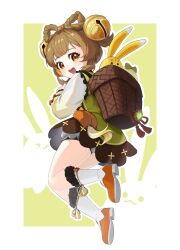 1girl :d absurdres ass backpack_basket basket bell blunt_bangs bow-shaped_hair braid brown_hair chinese_clothes commentary genshin_impact hair_bell hair_ornament hairclip highres himari_(himari_ttc) jumping kneehighs long_hair long_sleeves looking_at_viewer open_mouth orange_eyes radish red_shoes shoes sidelocks simple_background single_braid smile socks solo stuffed_animal stuffed_rabbit stuffed_toy two-tone_background white_socks yaoyao_(genshin_impact) yuegui_(genshin_impact)