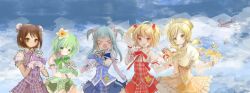 &gt;_&lt; 5girls 86thunder :o absurdres aircraft airplane beret blonde_hair blue_sky breasts cloud cloudy_sky day drill_hair green_eyes green_hair hat highres idol_clothes kuroe_(madoka_magica) magia_record:_mahou_shoujo_madoka_magica_gaiden mahou_shoujo_madoka_magica medium_breasts minami_rena multiple_girls natsume_kako open_mouth short_twintails sky tomoe_mami twin_drills twintails yellow_eyes