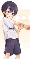 1boy arm_up artist_name black_hair black_shorts blue_eyes blush child commentary_request cross-body_stretch dated dot_nose double-parted_bangs facial_mark far_tarooo feet_out_of_frame forehead_mark hair_between_eyes heterochromia highres hiro_(far_tarooo) male_focus motion_lines open_mouth original print_shirt shirt shirt_tucked_in short_sleeves shorts standing stretching white_shirt