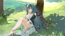 1girl absurdres arknights bare_shoulders black_choker black_sleeves blue_hair breasts bush cantabile_(arknights) cantabile_(bard_by_the_lake)_(arknights) center-flap_bangs choker cleavage collarbone commentary_request day detached_sleeves dress feather_hair flower grass grey_eyes hair_between_eyes hair_intakes hand_on_own_chest high_heels highres jewelry knees_up lake light_smile lily_pad long_hair looking_at_viewer medium_breasts necklace o-ring o-ring_choker official_alternate_costume on_grass pearl_anklet pearl_hair_ornament sitting solo teketi tree very_long_hair white_dress