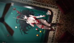Rule 34 | 1girl, 8-ball, absurdres, animal ears, azur lane, ball, bare shoulders, between breasts, between thighs, billiard ball, billiards, black hair, black pantyhose, bodystocking, bottle, bow, bowtie, breasts, brown pantyhose, card, carpet, cleavage, closed mouth, collar, collarbone, crossed bangs, cue stick, cup, detached collar, fake animal ears, from above, full body, hair between eyes, hair spread out, hairband, high heels, highleg, highleg leotard, highres, holding, huge breasts, id card, indoors, leg ribbon, leotard, licking lips, long hair, looking at viewer, looking up, lying, nail polish, non-web source, official alternate costume, official art, on back, on table, pantyhose, playboy bunny, pool table, rabbit ears, red bow, red bowtie, red eyes, red hairband, red leotard, red nails, red shoes, ribbon, shadow, shoes, sitting, sitting on table, skindentation, smile, solo, strapless, strapless leotard, table, taihou (azur lane), taihou (fun on the baize) (azur lane), thick thighs, thigh gap, thigh ribbon, thigh strap, thighs, tongue, tongue out, torn bodystocking, torn clothes, torn pantyhose, very long hair, white collar, wrist cuffs, yunsang
