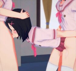 3boys 3d anal animated animated_gif ariai arms_behind_back black_hair blush bottomless clothed_sex clothes_lift commentary cross_hair_ornament crossdressing erection fellatio group_sex hair_ornament hairclip hands_on_another&#039;s_head holding_another&#039;s_arm indoors koikatsu_(medium) male_focus male_penetrated medium_hair mmm_threesome multiple_boys oral original penis photoshop_(medium) pink_ribbon ribbon school_uniform serafuku sex sex_from_behind short_hair skirt skirt_lift solo_focus spitroast standing standing_sex thighhighs thighs third-party_edit threesome trap uncensored white_serafuku white_thighhighs yaoi yellow_eyes