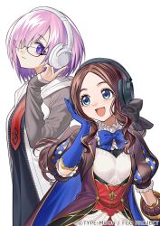 :d asamitsu_(n_morninglight) black-framed_eyewear black_bow black_dress blue_bow blue_eyes blue_gloves bob_cut bow bowtie brown_hair closed_mouth copyright_notice dress elbow_gloves fate/grand_order fate_(series) glasses gloves grey_sleeves hair_bow hair_over_one_eye hand_on_headphones hand_up headphones hood hood_down hooded_jacket jacket leonardo_da_vinci_(fate) leonardo_da_vinci_(fate/grand_order) leonardo_da_vinci_(rider)_(fate) leonardo_da_vinci_(rider)_(first_ascension)_(fate) long_hair looking_at_another looking_to_the_side mash_kyrielight necktie official_art official_art_inset open_clothes open_jacket open_mouth parted_bangs pink_hair puff_and_slash_sleeves puffy_short_sleeves puffy_sleeves purple_eyes raglan_sleeves red_necktie short_hair short_sleeves simple_background sleeves_past_wrists smile sony white_background white_jacket zipper