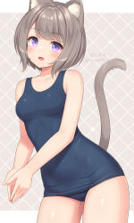1girl :d animal_ear_fluff animal_ears blue_one-piece_swimsuit breasts cat_ears cat_girl cat_tail collarbone commentary_request cowboy_shot grey_hair highres looking_at_viewer medium_breasts old_school_swimsuit one-piece_swimsuit open_mouth original purple_eyes sasaame school_swimsuit short_hair smile solo swimsuit tail twitter_username
