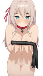 Rule 34 | 1girl, alisa mikhailovna kujou, blue eyes, blush, cleft of venus, closed mouth, collarbone, completely nude, female focus, hair ribbon, holding, holding whip, kai-o, long hair, looking at viewer, navel, neck bell, nude, presenting, pussy, red ribbon, ribbon, simple background, solo, straight-on, thigh gap, tokidoki bosotto roshia-go de dereru tonari no alya-san, white background, white hair