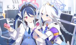 2girls absurdres armband blue_archive blue_armband blue_eyes blue_hair blue_halo blue_hat blue_jacket blue_necktie blue_vest chair closed_mouth commentary_request donut eating food food_on_face fubuki_(blue_archive) gloves grey_hair hair_over_one_eye halo hand_on_another&#039;s_chin hat highres holding holding_donut holding_food indoors jacket kirino_(blue_archive) looking_at_another monitor multicolored_hair multiple_girls necktie office office_chair on_chair open_clothes open_jacket pink_eyes pink_halo ramuri shirt sitting streaked_hair swivel_chair twintails upper_body vest white_gloves white_hair white_shirt