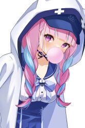 Rule 34 | 1girl, ai (u e o o), blue choker, blue hat, blue sailor collar, blue skirt, braid, chewing gum, choker, hat, highres, hololive, jacket, long hair, minato aqua, minato aqua (sailor), multicolored hair, official alternate costume, official alternate hairstyle, pink hair, purple eyes, ribbon choker, sailor collar, shirt, skirt, solo, streaked hair, twin braids, virtual youtuber, white jacket, white shirt