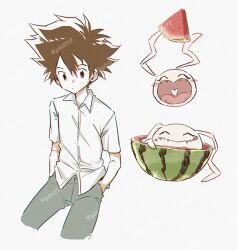 1boy brown_eyes brown_hair digimon digimon_adventure food fruit gdn0522 hands_in_pockets koromon male_focus medium_hair shirt simple_background twitter_username watermelon white_background white_shirt yagami_taichi