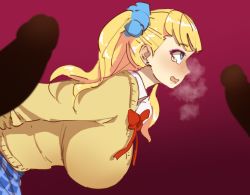 1girl 3others animated arm_grab arms_behind_back blonde_hair blue_eyes blush bouncing_breasts breasts clothed_female_nude_male clothed_sex doggystyle ear_piercing galko grabbing_from_behind gradient_background gutaigutai large_breasts long_hair multiple_others nude open_mouth oshiete!_galko-chan penis piercing rolling_eyes sex sex_from_behind