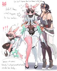 2girls black_hair blush breasts english_text full_body gloves grace_howard green_eyes highres humanoid_robot large_breasts looking_at_viewer multiple_girls open_mouth pink_hair reallycute456 robot robot_girl short_hair simple_background smile standing white_background yutane_johiel zenless_zone_zero