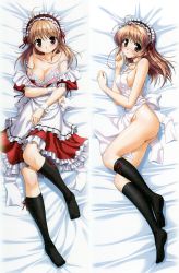 1girl apron ass bed bekkankou blush bottomless bra breasts brown_eyes brown_hair cleavage dakimakura_(medium) dress fortune_arterial highres kneehighs lingerie maid maid_apron multiple_views naked_apron no_panties sideboob socks strap_slip thighhighs underwear wrist_cuffs yuuki_haruna