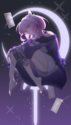 1girl absurdres ankepoi barefoot card chinese_commentary coat commentary_request crescent_moon cyrene_(honkai:_star_rail) dress feet fetal_position hair_ornament highres honkai:_star_rail honkai_(series) medium_hair moon multicolored_hair night night_sky pink_hair purple_coat sky solo tarot tarot_card thighs toes two-tone_hair white_dress white_hair