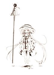 1girl barefoot bodysuit detached_sleeves eien_no_aselia eternity_sword_series female_focus floating hat highres hitomaru long_hair monochrome official_art ofuda own_hands_together shorts smile smirk solo staff temorin twintails very_long_hair weapon yuukyuu_no_euphoria