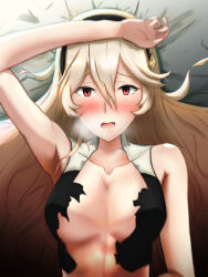 Rule 34 | 1girl, arm at side, arm up, armpits, artist request, bare shoulders, black hairband, blush, bra, breasts, collarbone, female corrin (fire emblem), drooling, embarrassed, eyelashes, facing viewer, female focus, fire emblem, fire emblem fates, fire emblem warriors, hair between eyes, hair ornament, hairband, heavy breathing, highres, indoors, intelligent systems, long hair, looking at viewer, lying, medium breasts, messy hair, midriff, neck, nintendo, official alternate costume, official underwear, on back, open mouth, red eyes, saliva, saliva trail, sidelocks, sports bra, sweat, torn bra, torn clothes, torn underwear, underwear, upper body, wavy hair, white hair