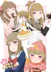 1girl absurdres battle_girl_high_school blue_shirt blunt_bangs blush border bow brown_hair closed_mouth cup drinking food fujimiya_sakura hair_bun hat highres ice_cream japanese_clothes k@ito90p kimono long_hair long_sleeves looking_at_viewer maid_headdress pink_hat pink_kimono pink_scarf purple_eyes red_bow scarf shirt smile steam twintails white_border yellow_bow yunomi