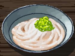 bowl food food_focus garnish heimuer highres hisachan55cute no_humans noodles on_table original pixel_art simple_background still_life table udon wooden_table