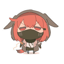 1girl arknights black_eyes black_jacket chibi chibi_only chinese_commentary commentary_request covered_mouth crownslayer_(arknights) dopperu_ben frown full_body hair_ornament hairclip highres hood hood_up hooded_jacket jacket layered_sleeves long_sleeves looking_at_viewer mask mouth_mask multicolored_eyes ninja_mask orange_eyes orange_hair orange_tail short_hair short_over_long_sleeves short_sleeves simple_background solo standing tail two-tone_eyes white_background