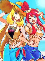 2girls ;d blonde_hair blue_eyes blue_sarong blue_shorts blue_sky brown_hat closed_mouth crop_top cynthia_(pokemon) cynthia_(summer_2025)_(pokemon) flower grey_eyes hair_over_one_eye hat hat_flower highres locked_arms long_hair looking_at_viewer midriff multiple_girls navel nintendo official_alternate_costume one_eye_closed open_mouth pokemon pokemon_masters_ex red_hair saku06480514 sarong short_hair_with_long_locks shorts sidelocks sky skyla_(pokemon) skyla_(summer_2025)_(pokemon) smile sun_hat upper_body v very_long_hair