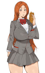 Rule 34 | 1girl, bleach, bread, breasts, brown eyes, dr octojuice, female focus, food, highres, inoue orihime, karakura high school uniform, large breasts, long hair, orange hair, simple background, thighs, white background