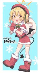 1girl :d adversarial_noise ankle_boots artist_name asymmetrical_hair belt beret black_belt black_horns black_tail black_wings blonde_hair blue_archive blue_background blush boots border bow capelet dated demon_girl demon_horns demon_tail demon_wings dress fang full_body fur-trimmed_boots fur-trimmed_capelet fur-trimmed_dress fur-trimmed_gloves fur-trimmed_sleeves fur_trim gloves hair_ribbon hands_up hat hat_bow highres holding horns ibuki_(blue_archive) kanabun long_hair looking_at_viewer low_wings mini_wings minidress one_side_up open_mouth pom_pom_hat_ornament red_boots red_capelet red_dress red_gloves red_hat ribbon short_dress short_sleeves smile snowflake_background solo standing tail thighhighs white_border white_thighhighs wings yellow_background yellow_eyes